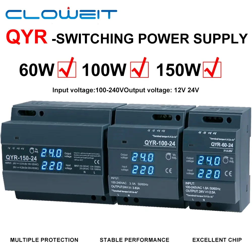 QYR-60W 100W 150W DIN Rail Switching Power Supply AC-DC 12V 24V with Digital Display Step Shape Industrial for LED Light Strip