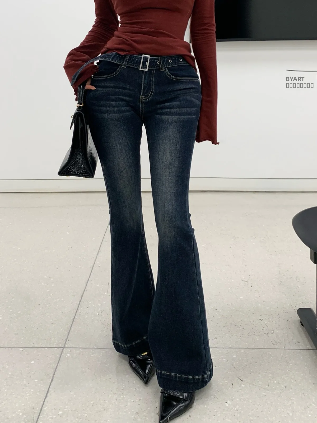 

Джинсы-клеш Chen Jin Korean Sle Fce с подкладкой, женские, с высокой талией, облегающие, с мультяшным принтом, корректирующие фигуру