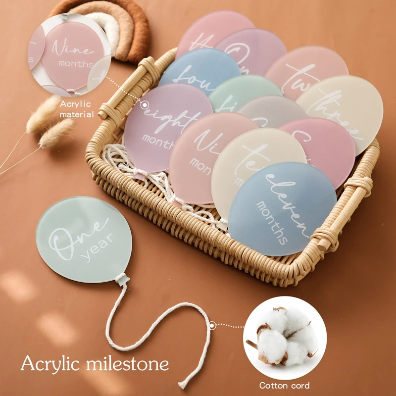 13Pcs Baby Milestone Monthly Memorial 0-12Monthly Newborn Grow Memorial Acrylic Balloon Shape Card Photography Accessories Gifts