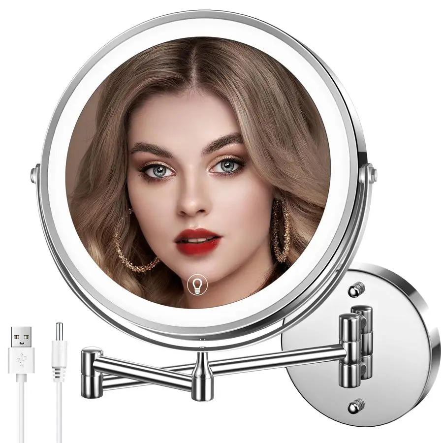 

Wall Mounted Lighted Makeup Mirror, 8 Rechargeable DoubleSided Light up Magnifying Mirror 1x 10x, 3 Colors Led Vanity Mirror wi