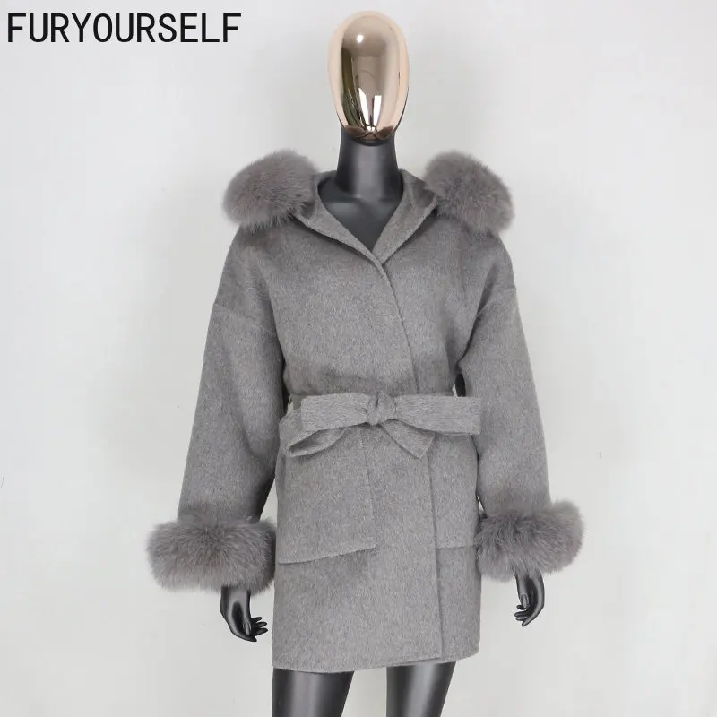 

FURYOURSELF 2023 New Real Fur Coat Winter Jacket Women Natural Fox Fur Collar Cuffs Hood Cashmere Wool Woolen Oversize Outerwear