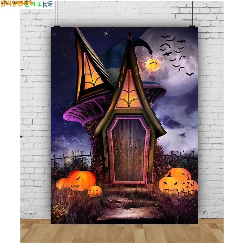 

Autumn Thanksgiving Day Photography Backdrops Fall Scary Pumpkin Barn Moon Halloween Day Party Castle Photo Background NG-04