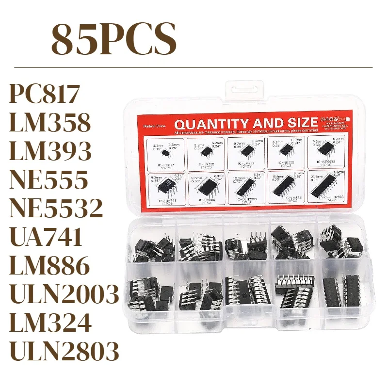 85PCS 10 Types PC817 LM358 LM393 NE555 NE5532 UA741 LM886 ULN2003 LM324 ULN2803 Integrated Circuit DIP IC Combination Chip Kit