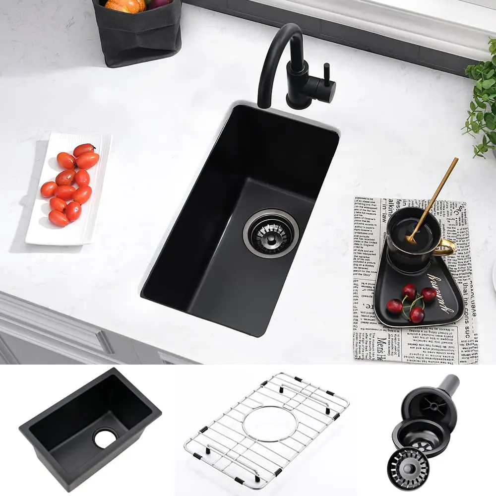 

Black Quartz Composite Undermount Bar Sink 15x17 Small Kitchen Sink Single Bowl With Grid