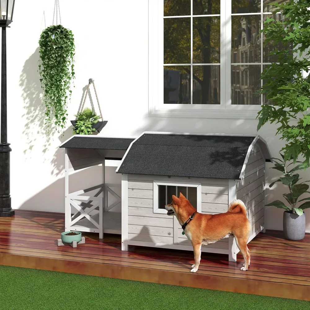 Wooden Dog House Outdoor with Porch, Raised Pet Kennel for Medium Large Dogs, with Asphalt Roof, Front Door, Side Windows, Gray