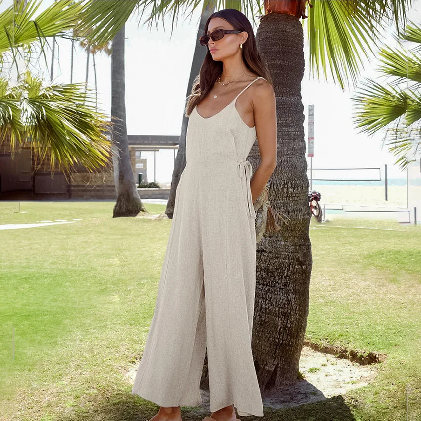 

Новое поступление цвета хаки, хлопковый льняной комбинезон с ремешками, 2024, модная женская трансграничная одежда, брюки из девяти предметов