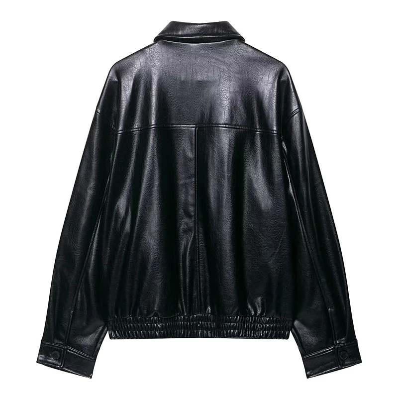 เสื้อแจ็คเก็ตหนังเทียมผู้หญิง แฟชั่นเท่ห์สไตล์มอเตอร์ไซค์ สตรีทแวร์ย้อนยุค แขนยาว เสื้อคลุมตัวนอก ซิปเรียบง่าย เสื้อคลุมฤดูหนาว