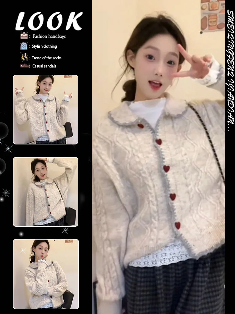 Thickened Knitted Sweater Cardigan Women's Autumn Winter Fashion Sweet Style Long Sleeve Doll Collar Striped Open Front Coat