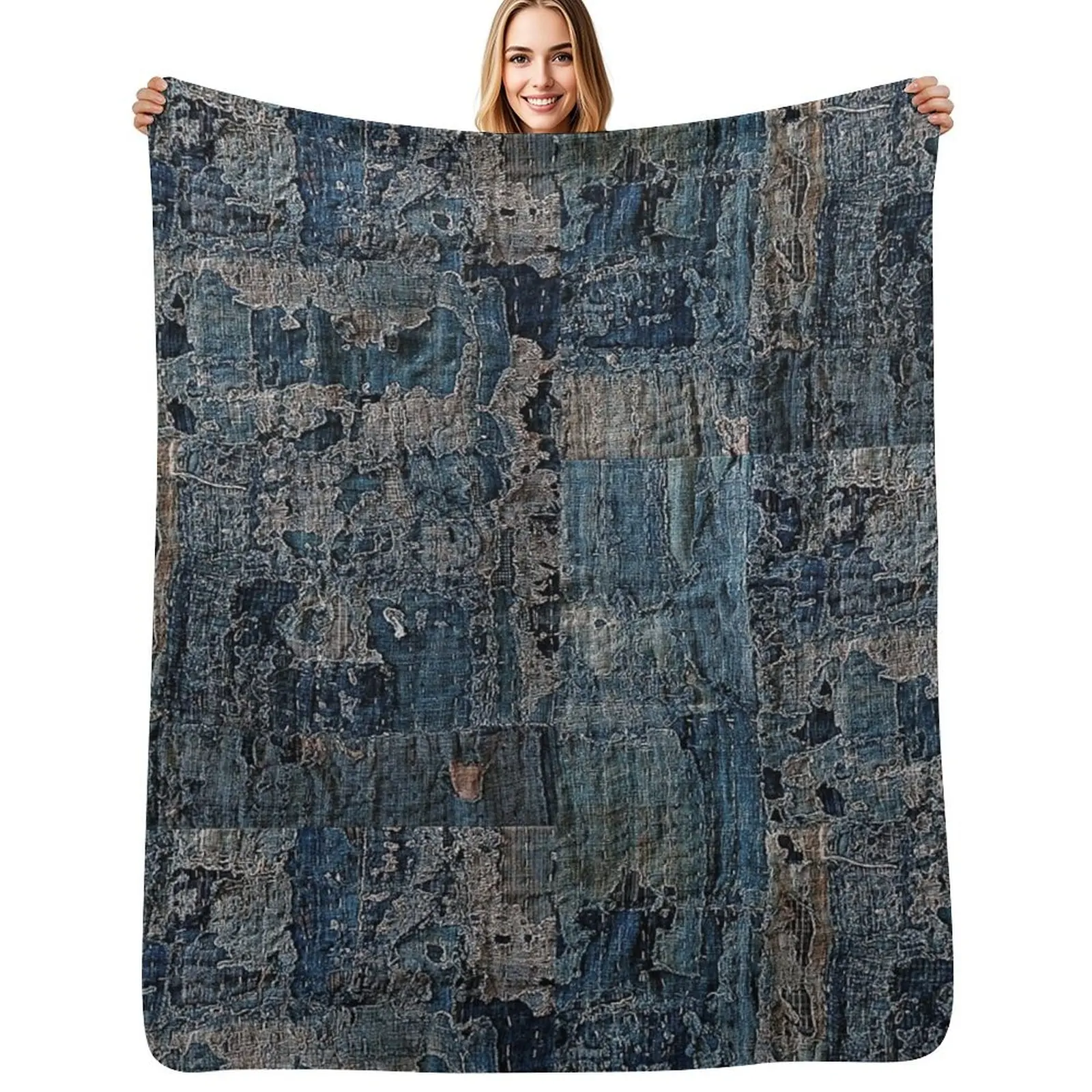 Worn & Mended Boro Artwork Throw Blanket Bed Fashionable Blankets For Bed Multi-Purpose Plaid Retros Soft Big Blankets