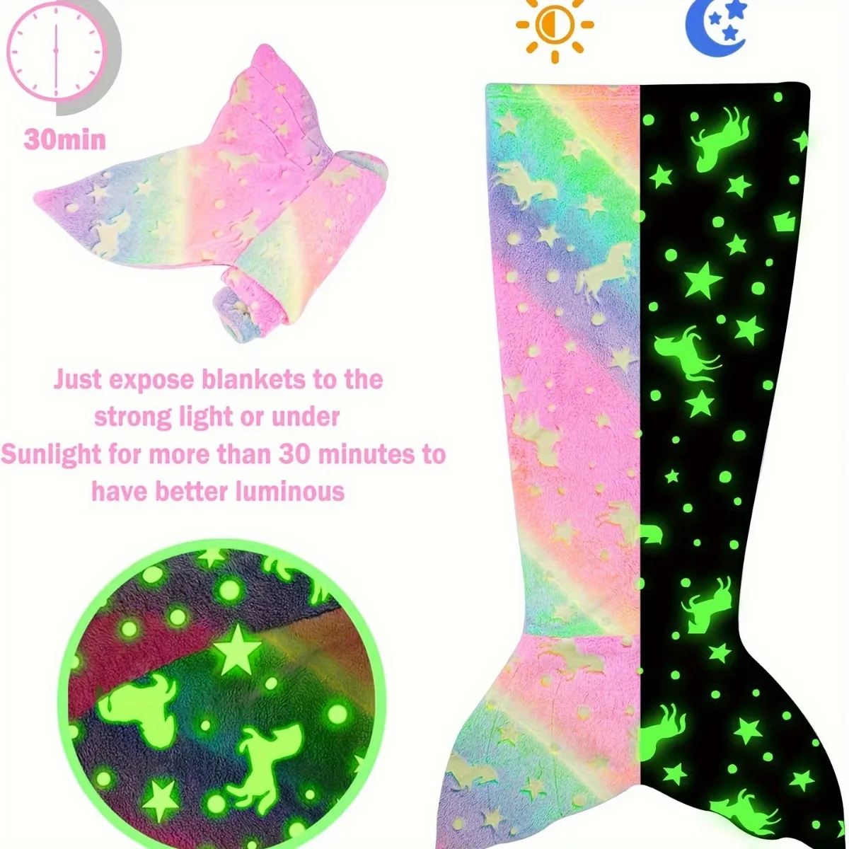 Cartoon Rainbow Unicorn Mermaid Tail Blanket Super Soft Glow in The Dark Flannel Mermaid Tail Blanket Gifts for Girls