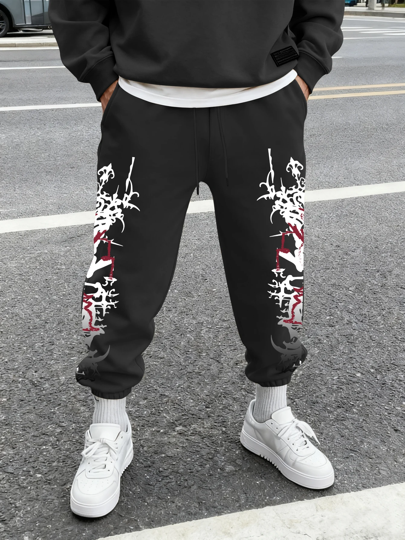 Men Jogger Pants Gradient Demon Skull Thorn Print Drawstring Elastic Cuff Tapered Gothic Street Sweatpants