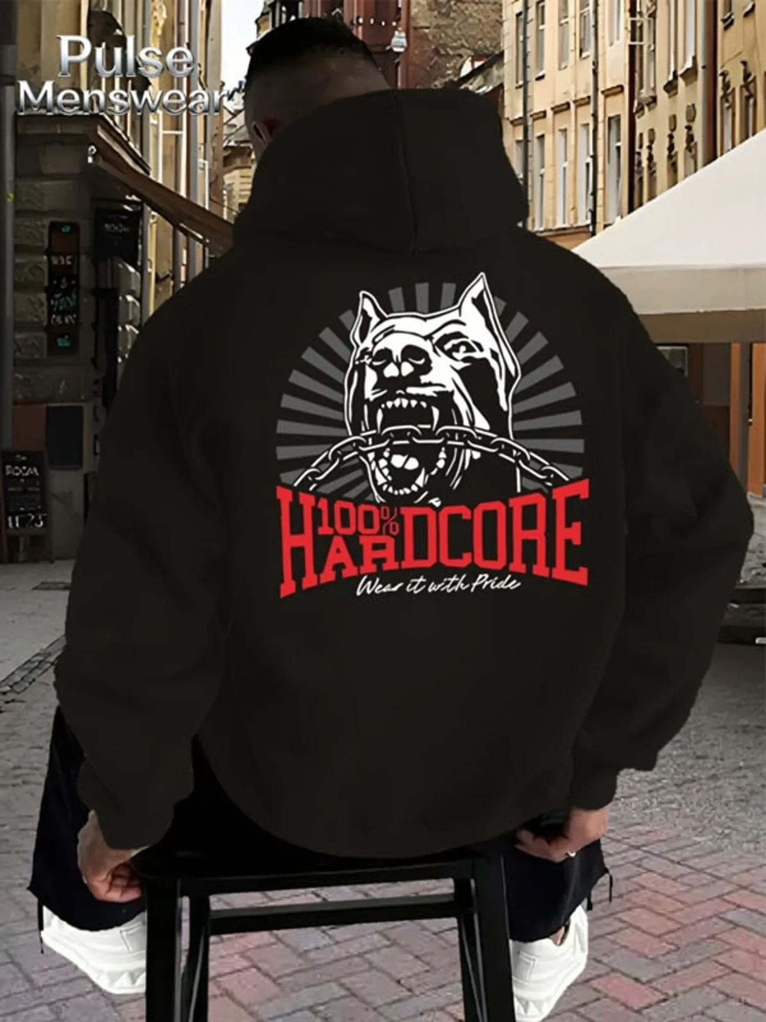Men’s Pitbull Dog Hoodie Hardcore Graphic Chain Slogan Back Print 100% Fleece Pullover Sweatshirt Biker Streetwear Autumn Winter