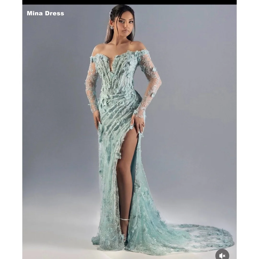

Mina Customized Green Prom Dress Beads Luxurious Evening Dresses 3D Flowers Sequins. Slit Long Sleeves Elegant Party Dresses