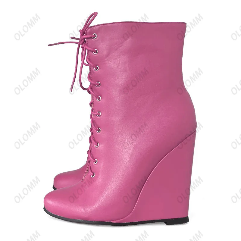 Olomm Handmade Women Winter Ankle Boots Wedges High Heels Round Toe Black Evening Shoes Women Plus US Size 5-20 - Image 4