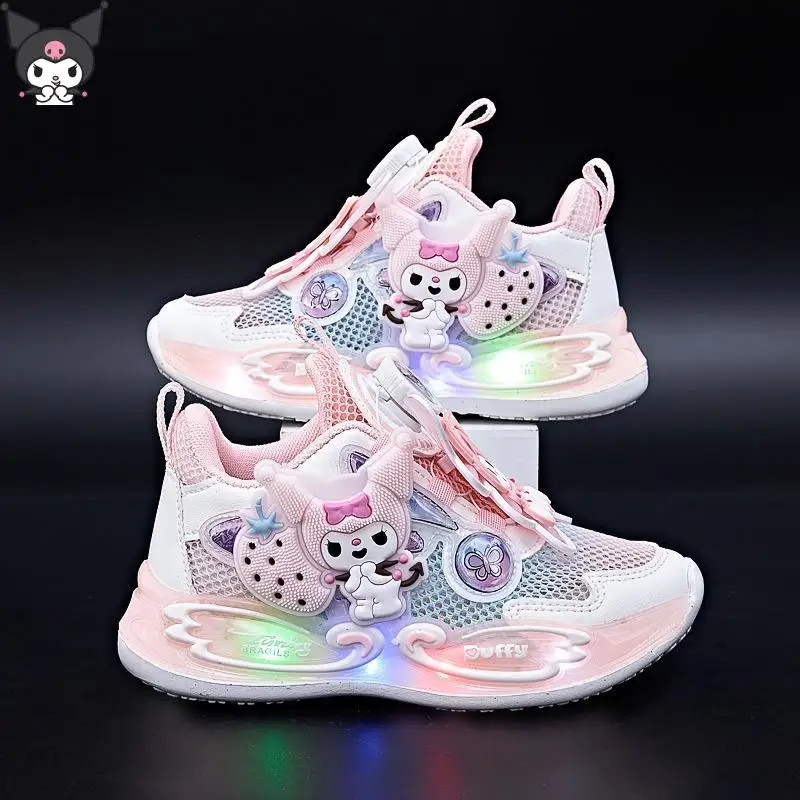 

Kuromi Girl Sanrio Anime with Lights Rotating Button Butterfly Sneakers Kawaii Cartoon Campus Princess Single Net Shoes Fashion
