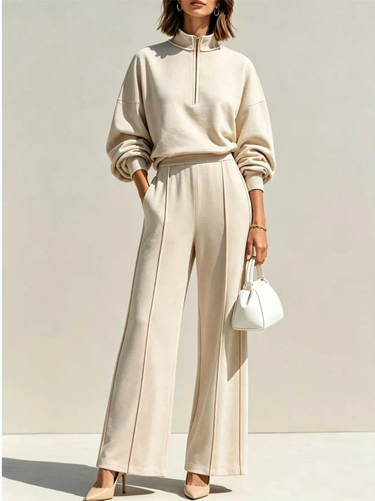Casual High Waist Wide Leg Pants Women's Set Half Zipper Stand Collar Sweatshirt Fashionable Autumn Outfit Chinese Brand