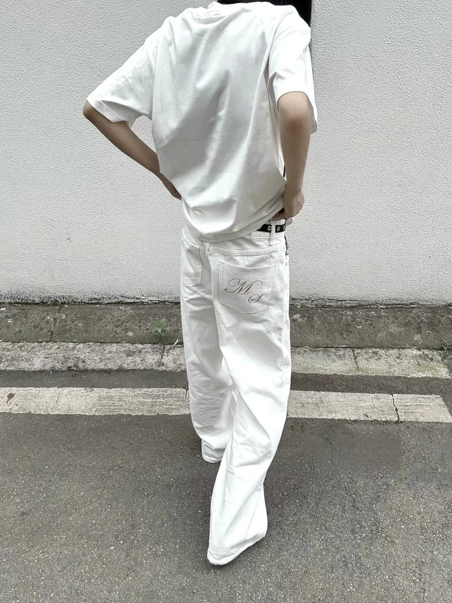 

Waed Cotton Jeans Straight Leg A-Line Knife Original Color Casual Pure Cotton Long Pants Hair Genuine Leather Jeans