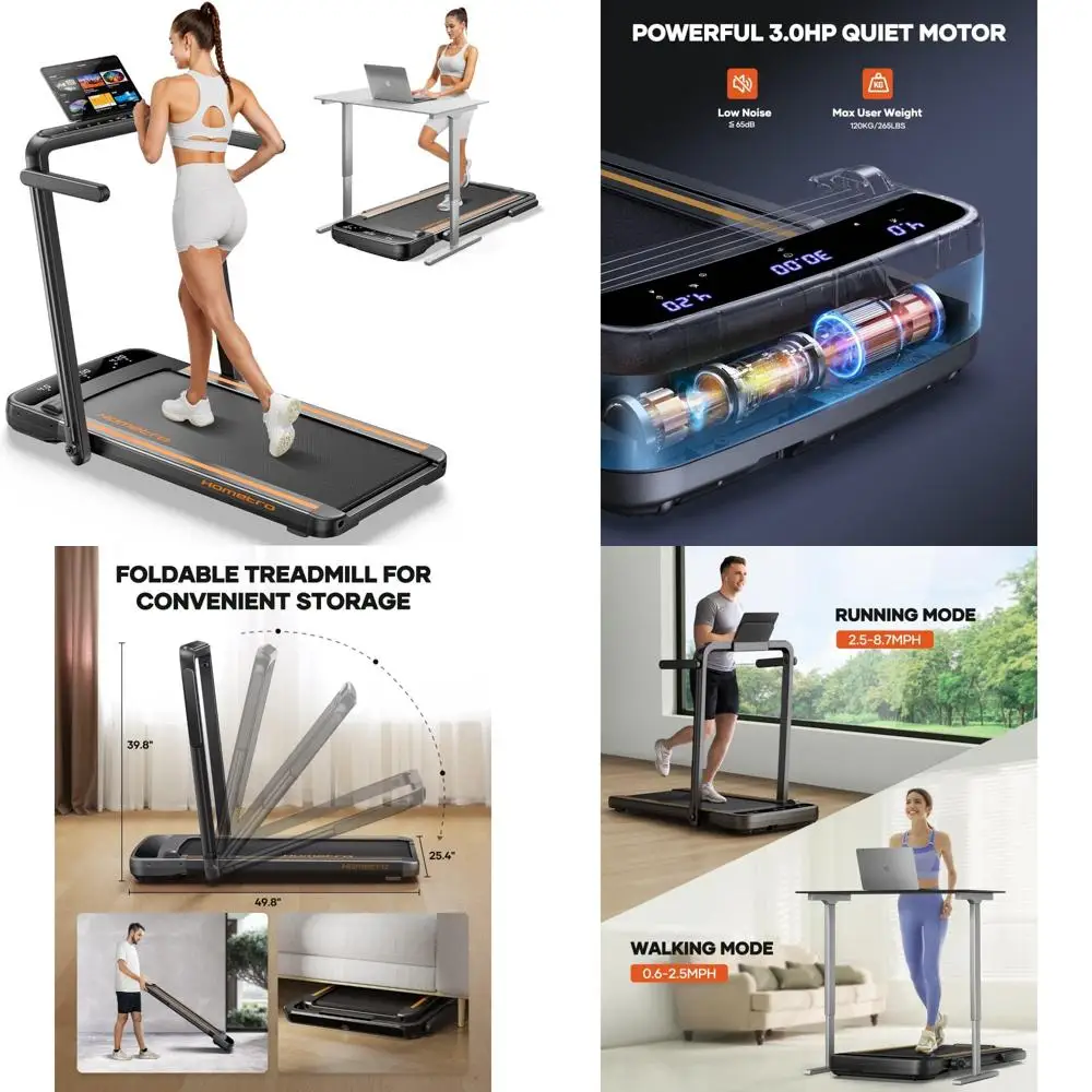 جهاز مشي مدمج قابل للطي بقوة 3.0 حصان، شاشات لمس LED مزدوجة، وسادة مشي للمنزل والمكتب وآلة الركض، تصميم قابل للطي تحت المكتب