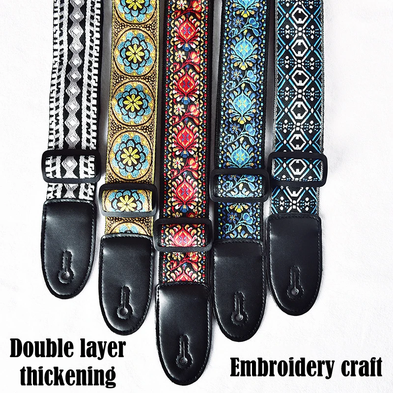 Embroidered Print Guitar Strap Vintage Ethnic Style Adjustable Strap For Folk Electric Guitar Bass Ukulele Guitar Accessories