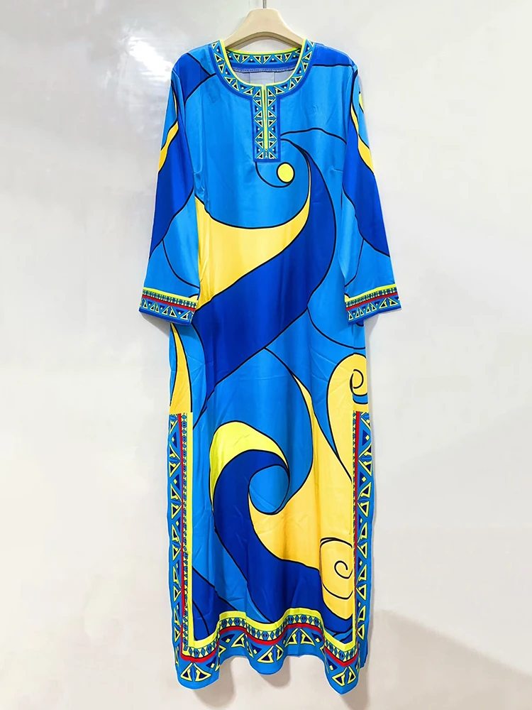 Retro geometric print round neck pullover dress for 2026 summer women's fashion, two side slit skirt, loose fluffy skirt