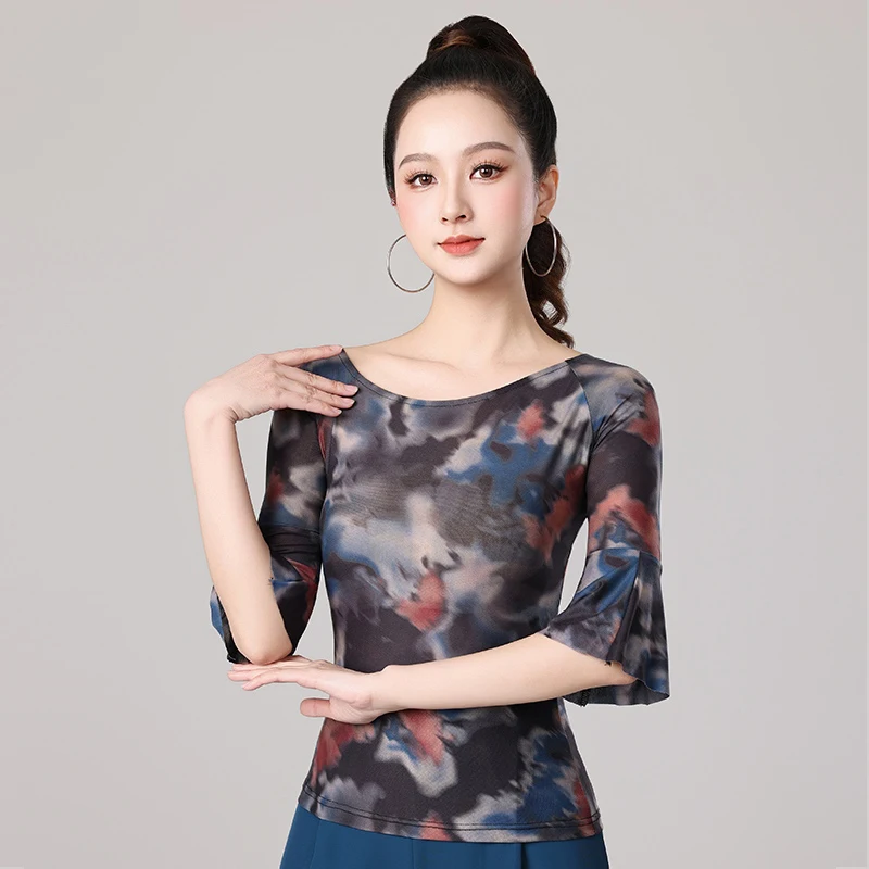 2025 dança latina topo feminino padrão nacional dança impressão manga curta topo chacha rumba tango trajes de dança moderna dql10627