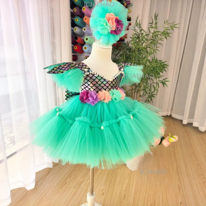 Mermaid Girls Princess Dress Children Sequin Scale Tulle Tutu Kids Birthday Party Banquet Fashion Cute Flower Girl Gown Costume