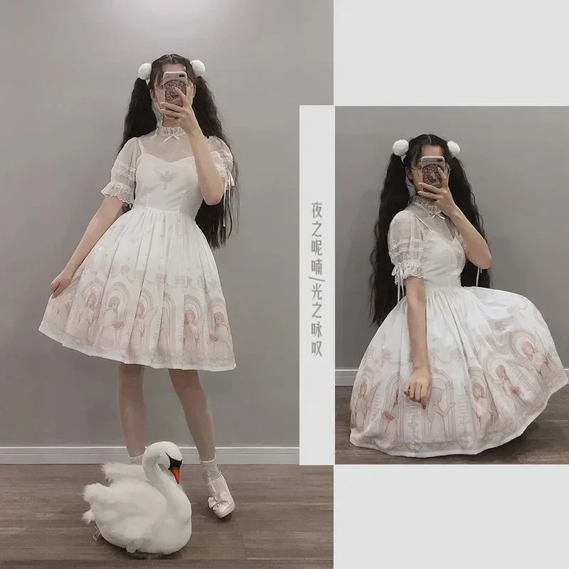 Vestido gótico escuro com estampa para diabo, Lolita Japonesa Jsk, Vestido Victorian Strap, Sweet Loli, Preto e branco