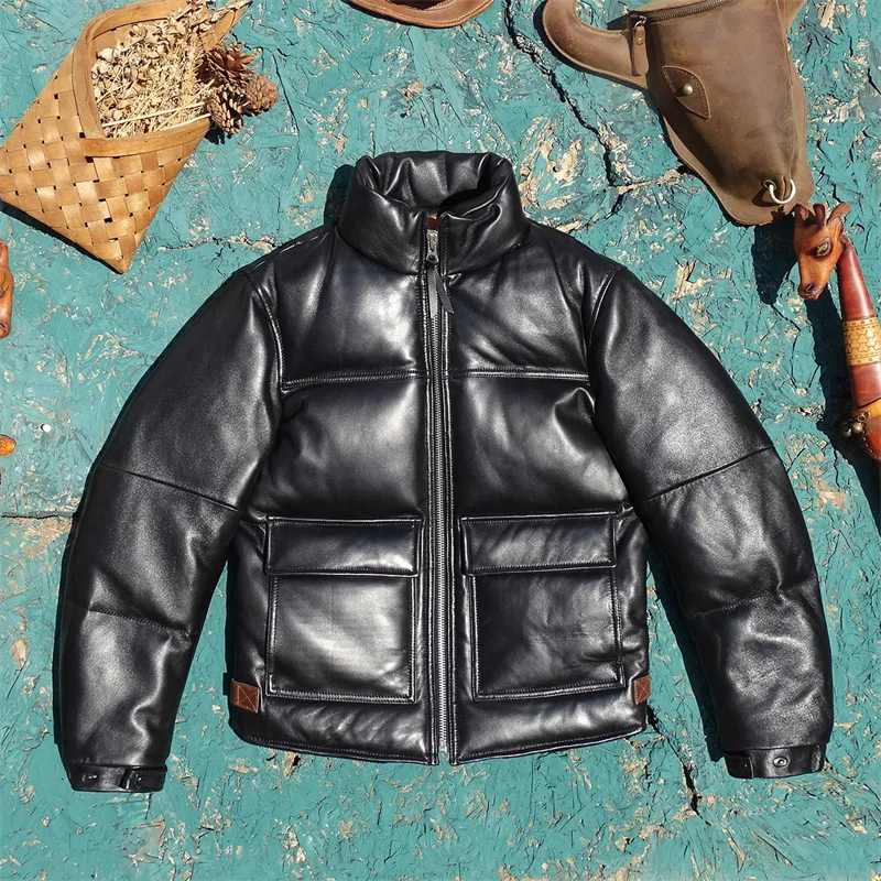 

Thiened Winter Vintage Men's Bla eepskin down Jaet Du down ort Collar Warm Long Sve Zipper Closure Leather Coat