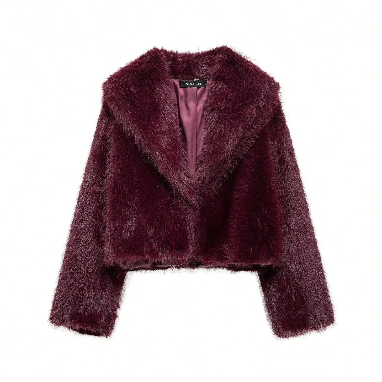 

Women's Burgundy Faux Fur Cropped Jacket with Turn-Down Collar for Winter Warmth