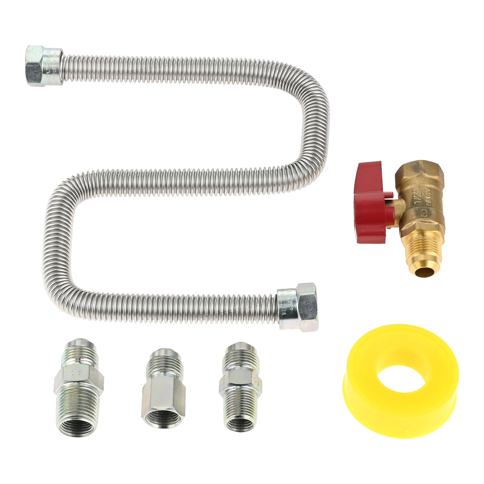 

22" Stainless Steel Flexible Natural and Propane Gas Line 1/2" Brass Ball Control Valve w/ Coupling and 3/8" Flare Fitting Kit