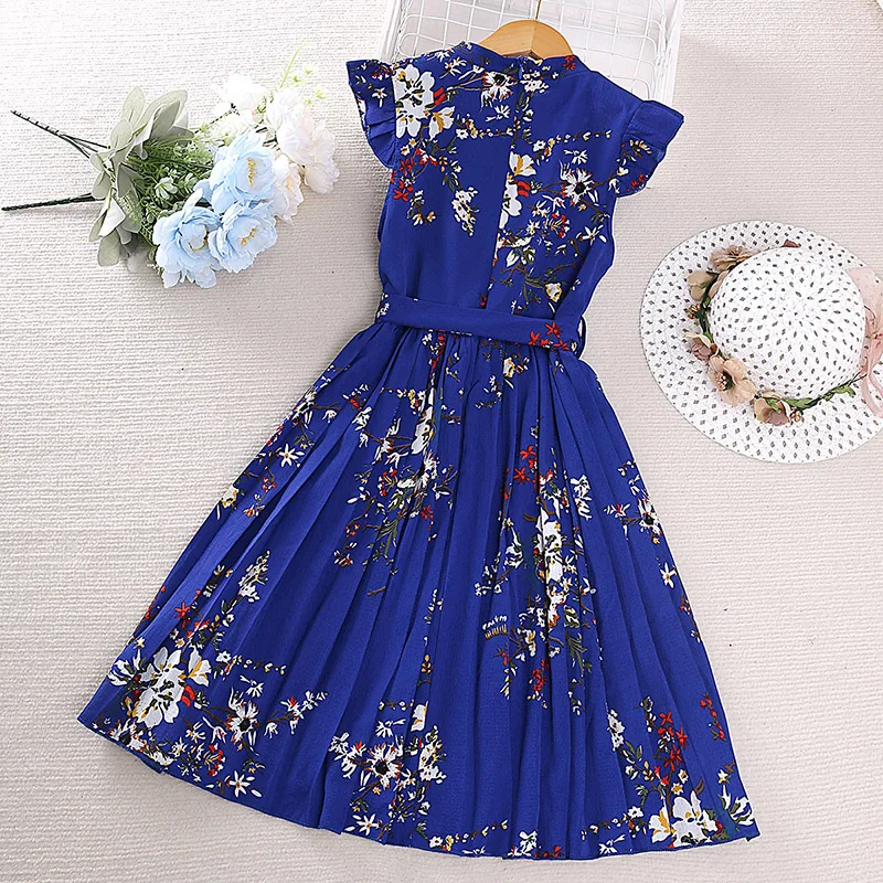 Girl Dress Summer Vintage Blue Sleeveless Retro Printed Pleated Dress Elegant Designed Classic Casual Pastoral Style