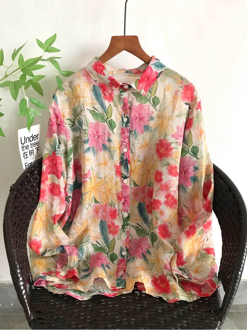 Enianechu Fibra naturale sana 100% ramiè Stampa floreale Camicie e camicette a maniche lunghe Traspirante Autunno Abbigliamento donna