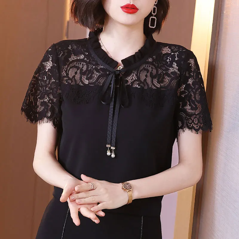 Sexy Lace Patchwork Slim Pullovers Round Neck Summer Stylish Hollow Out Short Sleeve Women\'s Clothing Drawstring Bow T-shirt New