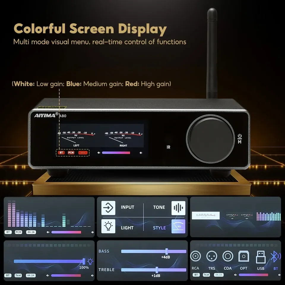 AIYIMA A80 HiRes Digital Amp 300Wx2 Class D Stereo Power RCA TRS OPT COA USB Input for Bluetooth PFFB TPA3255 DAC 2.0CH