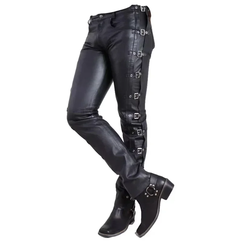 

Men's Matte PU Trousers Side Multi Buckle Black Stretch Motorcycle Faux Leather Pants with Pocket Male Bodycon Pants Custom New