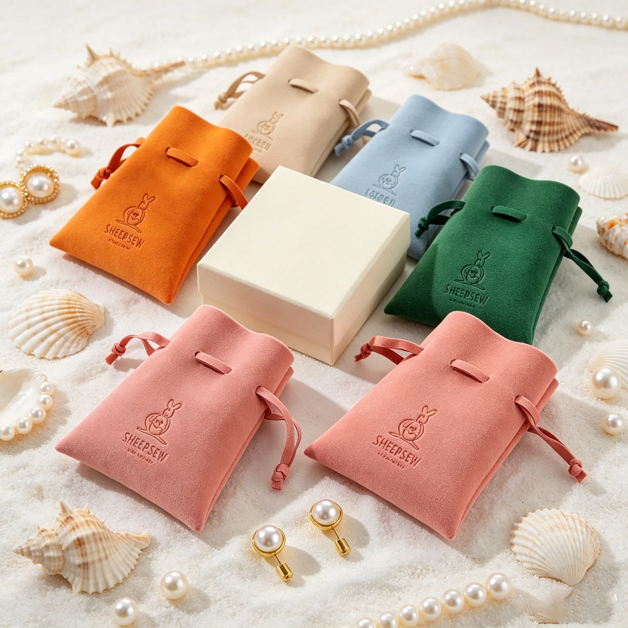 SheepSew Drawstring Microfiber Velvet Jewelry Pouch Custom Logo Necklace Cosmetic Packaging Storage Bag