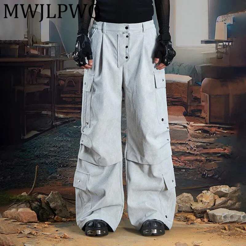 

MWJLPWQ Multi-Pocket Rivet Fold Texture Leather Pants Men's Straight Mid-High Waist Unisex Street Button Spliced Trousers 11921