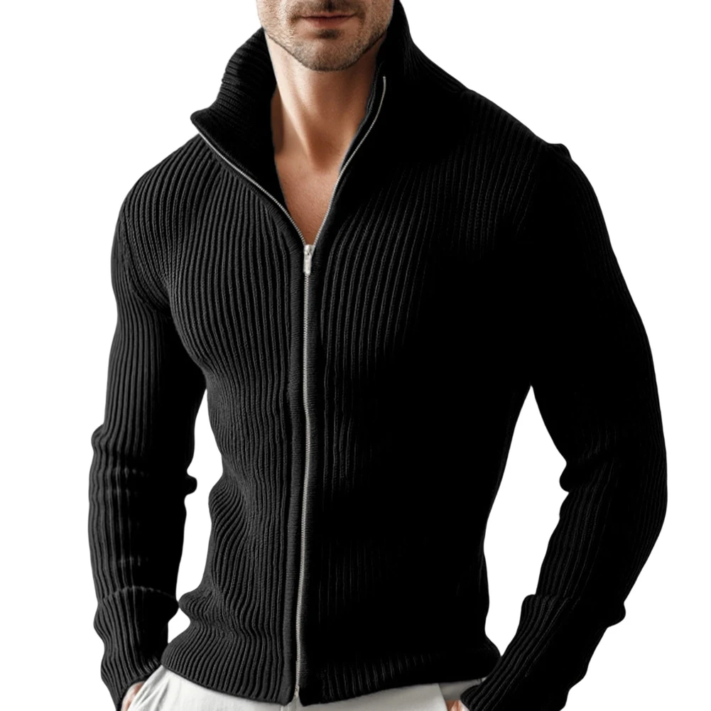 Thick Knitted Men Full Zip Cardigan Sweater Stand Collar Outerwear Jacket for Casual Daily Wear in Cooler Weather
