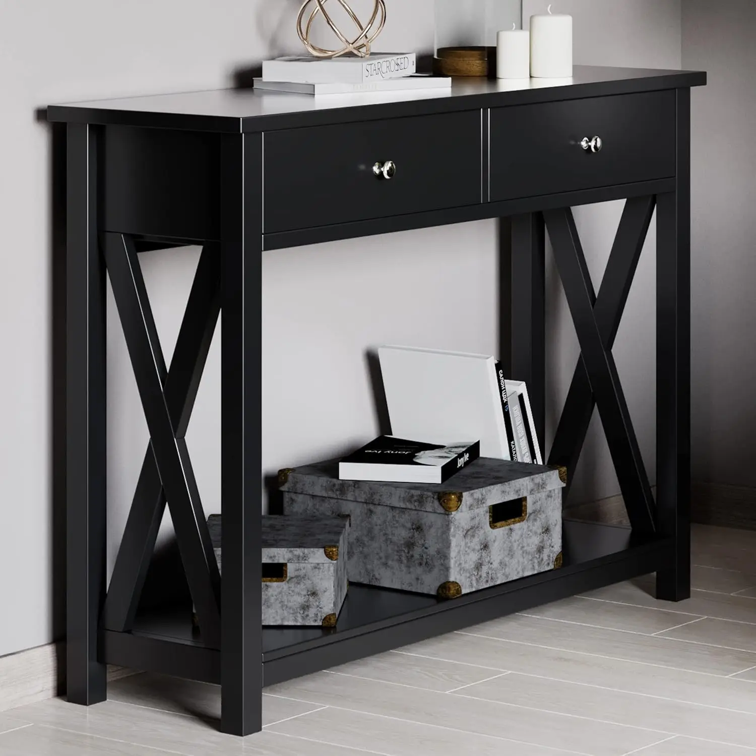 2-Tier Entryway Table with Storage Shelf and Sturdy X-Braced Legs for Living Room or Hallway, 42.5