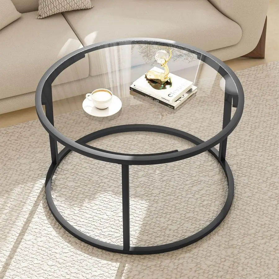 

Round Coffee Table,Small Black Coffee Table for Living Room,27 Modern Center Table,Glass Top Clear Coffee Table with Sturdy Met