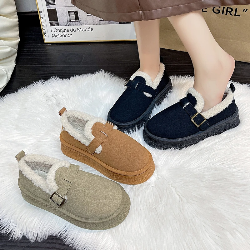 Winter New Women's Solid Color Round Toe Thick Bottom Non-slip Comfortable Plush Warm Snow Boots Women's Classic Slip-on Boots