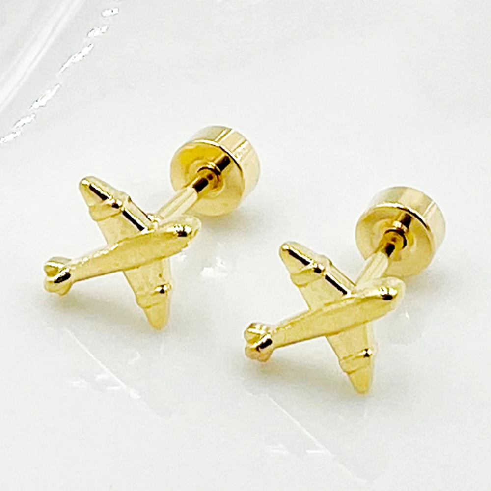 May@RZ Lovely Airplane Charms Stainless Steel Earring For Women\'s Fashion Jewelry Funny Aircarft 14K Gold Plated Earring Plane