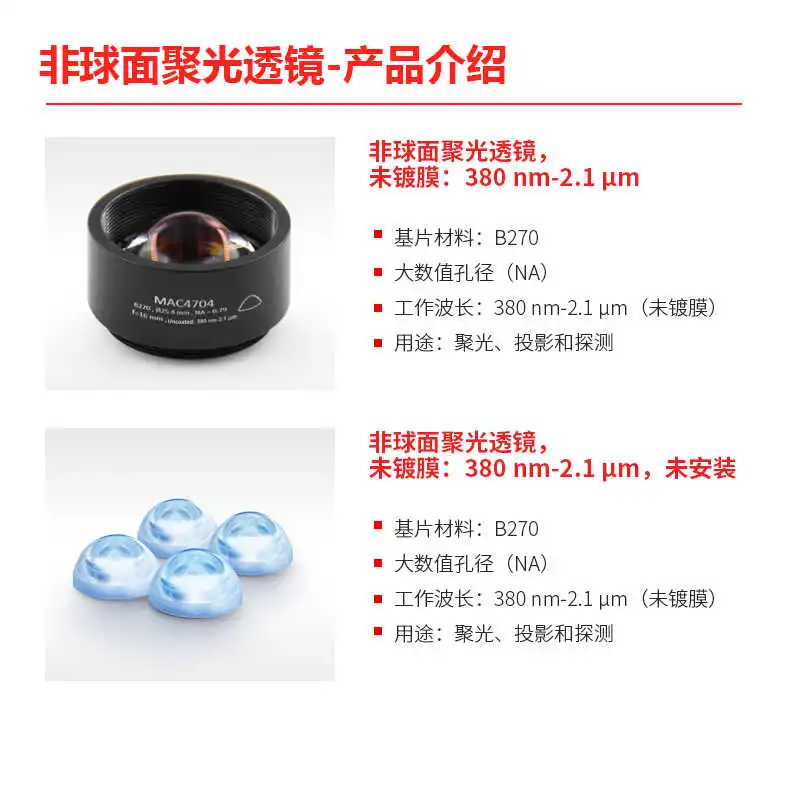 Aspheric condenser lens B270, 0.5-inch and 1-inch diameter, uncoated