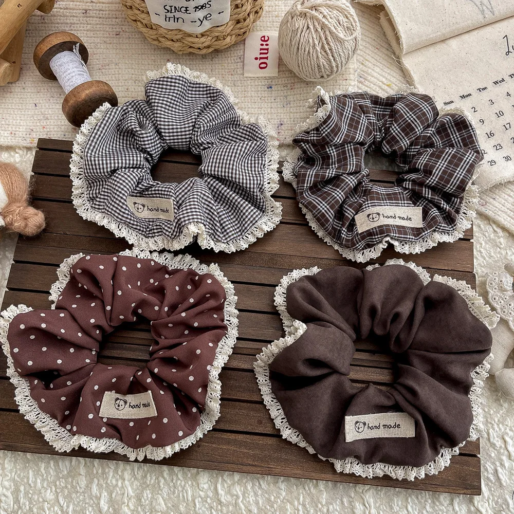 Lace Large Scrunchies Elastic Hair Band Plaid Polka Dot Hair Rope Tie Cloth Label Ponytail Holder Rubber Band Hair Accessories