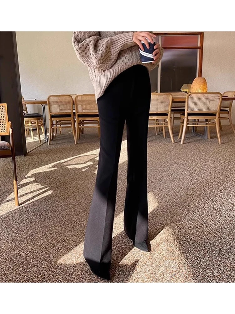 

High Waist Flared Pants Women's Casual Spring Summer Workwear Trousers Asymmetric Design Pocket Detail Polyester Fiber