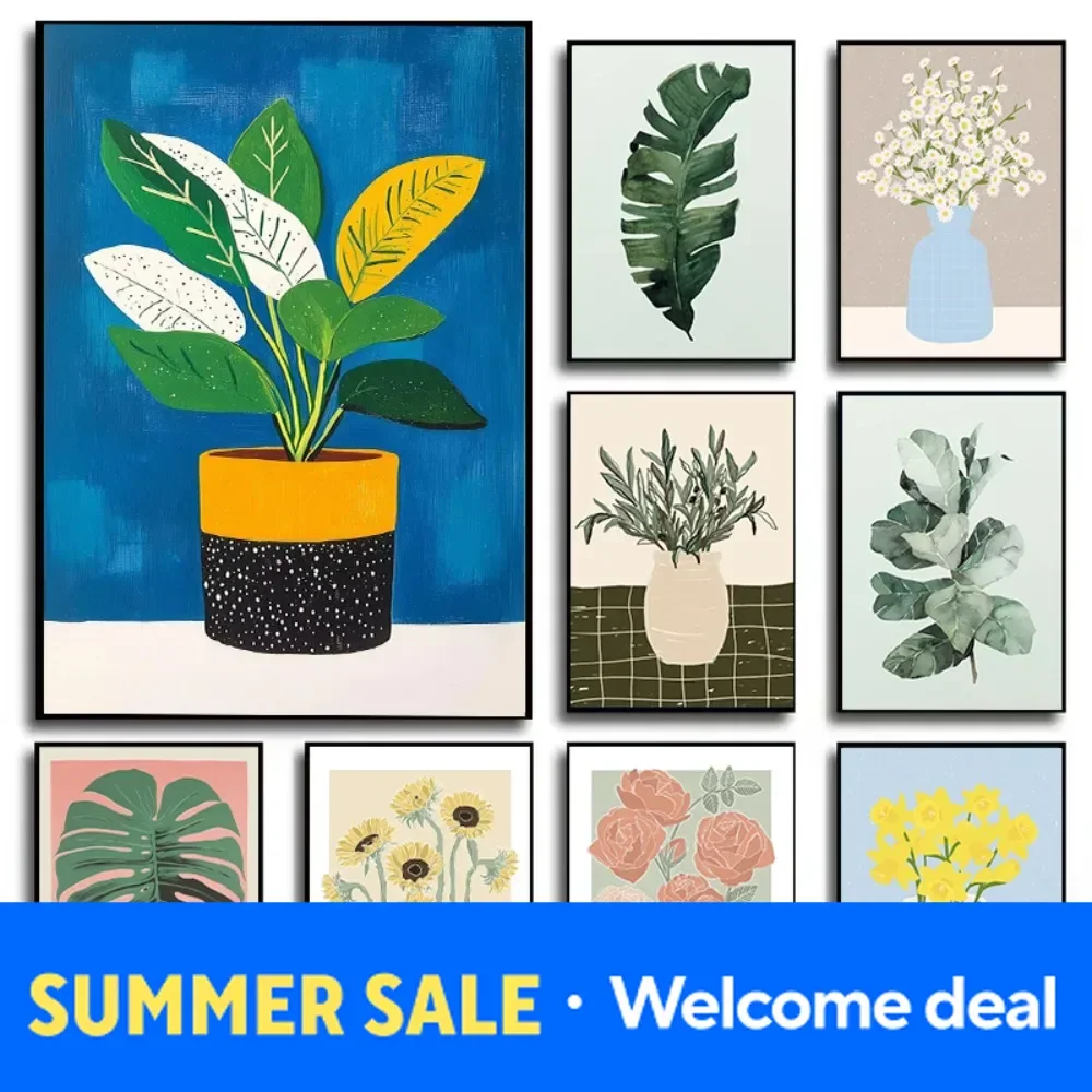 Garten-Blumenvase Kunstposter Blumen-Pflanzen-Illustration Leinwanddruck Wandkunst Bild Wohnzimmer Raumdekoration