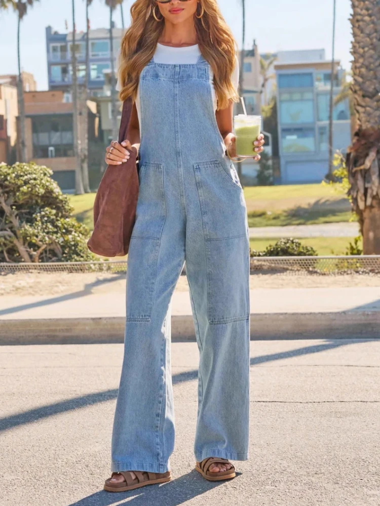 Spring Summer New Women's High Waisted Shoulder Strap Jumpsuit Fashionable Retro Solid Color Distressed Casual Wide Leg Jeans