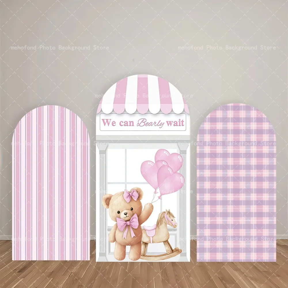 

Mehofond Arch Backdrop Gentle Sweet Pink Purple Teddy Bear Balloon Girl Checkered Birthday Decor Studio Photography Background
