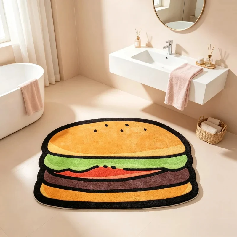 Kawaii Hamburger Bathroom Mat, Shaped Diatomaceous Earth Quick Dry Rug, Non-slip Absorbent Floor Mat