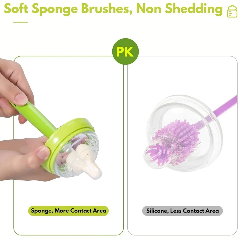 Sikat botol spons, sikat botol bayi dengan pembersih, kepala pengganti dan sikat sedotan, hijau